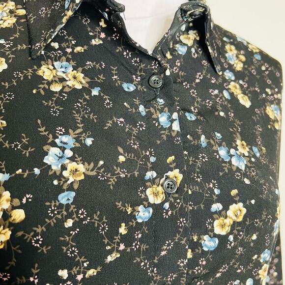 Pleated Midi Dress MED-LARGE Black Floral Cottagecore Half Button Bishop Sleeve - Picture 5 of 7